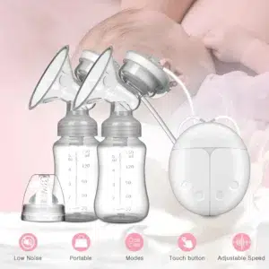 USB-powered double breast pump with baby bottle and heat pad.