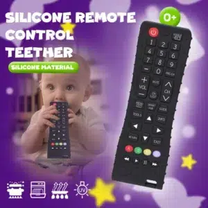 BPA-free silicone baby teether in TV remote shape.